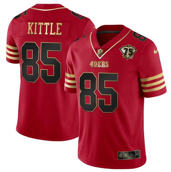 Men's San Francisco 49ers #85 George Kittle Red Gold With 75th Anniversary Patch Football Stitched Jersey